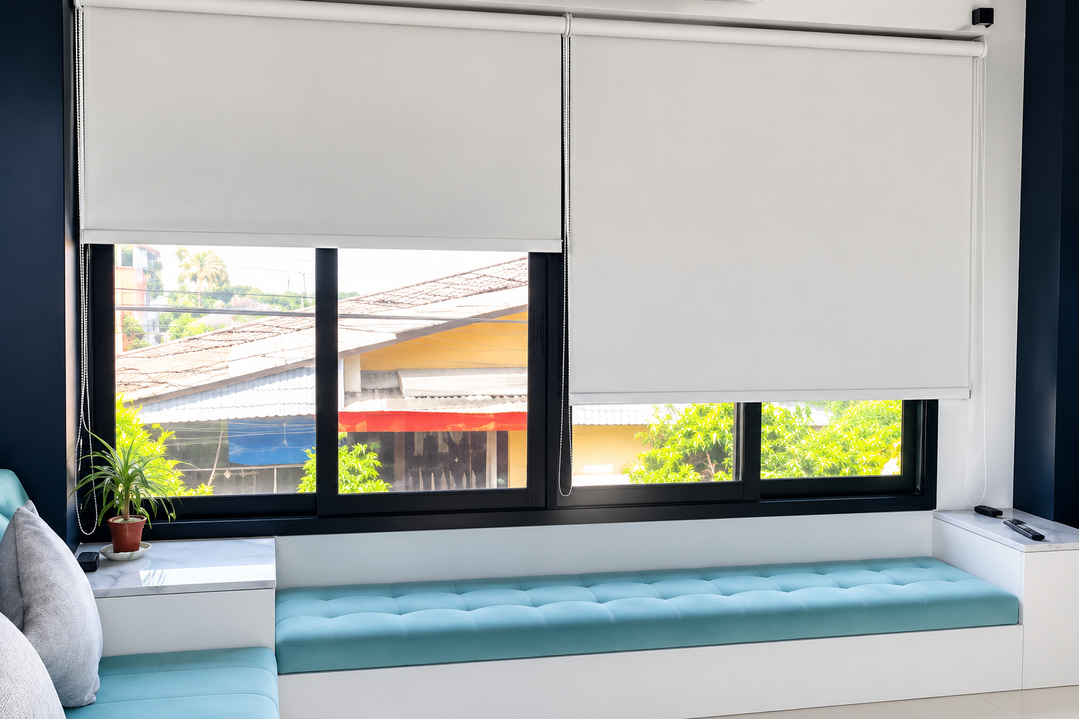 Light coloured Roman blind installation